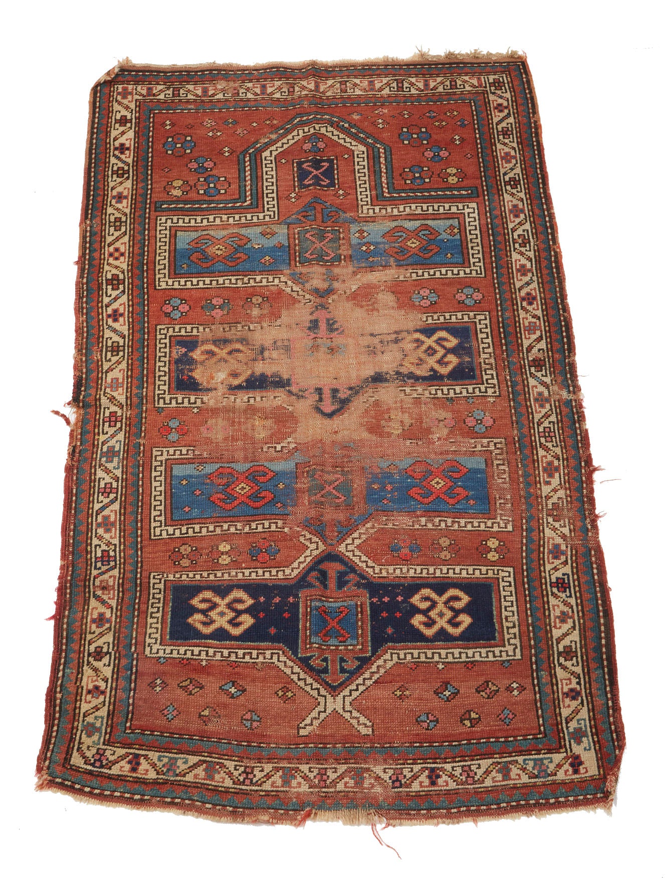 Antique Persian Kazak Prayer rug with pink red base and blue and cream designs - Available from King Kennedy Rugs Los Angeles