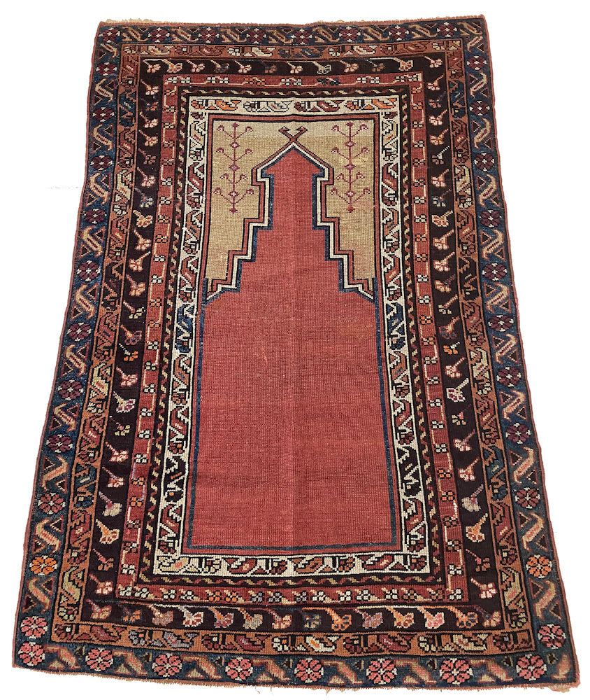 Hand woven earth tone Turkish Prayer Rug with Rust, gold, brown colors - King Kennedy Rugs Los Angeles 