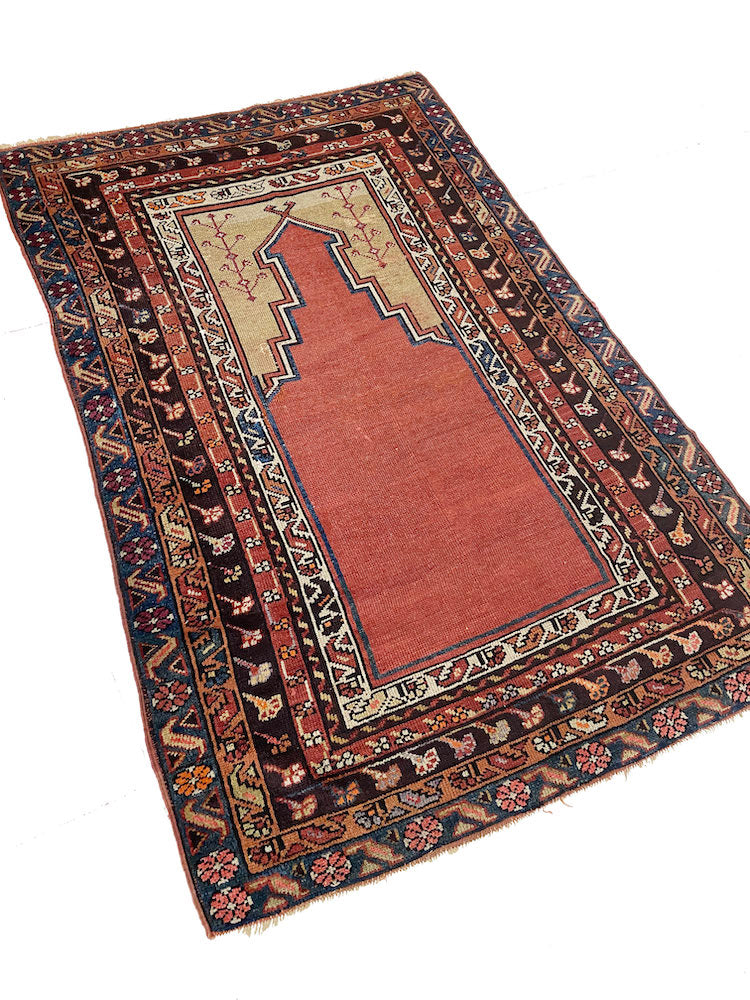 Hand woven earth tone Turkish Prayer Rug with Rust, gold, brown colors - King Kennedy Rugs Los Angeles 